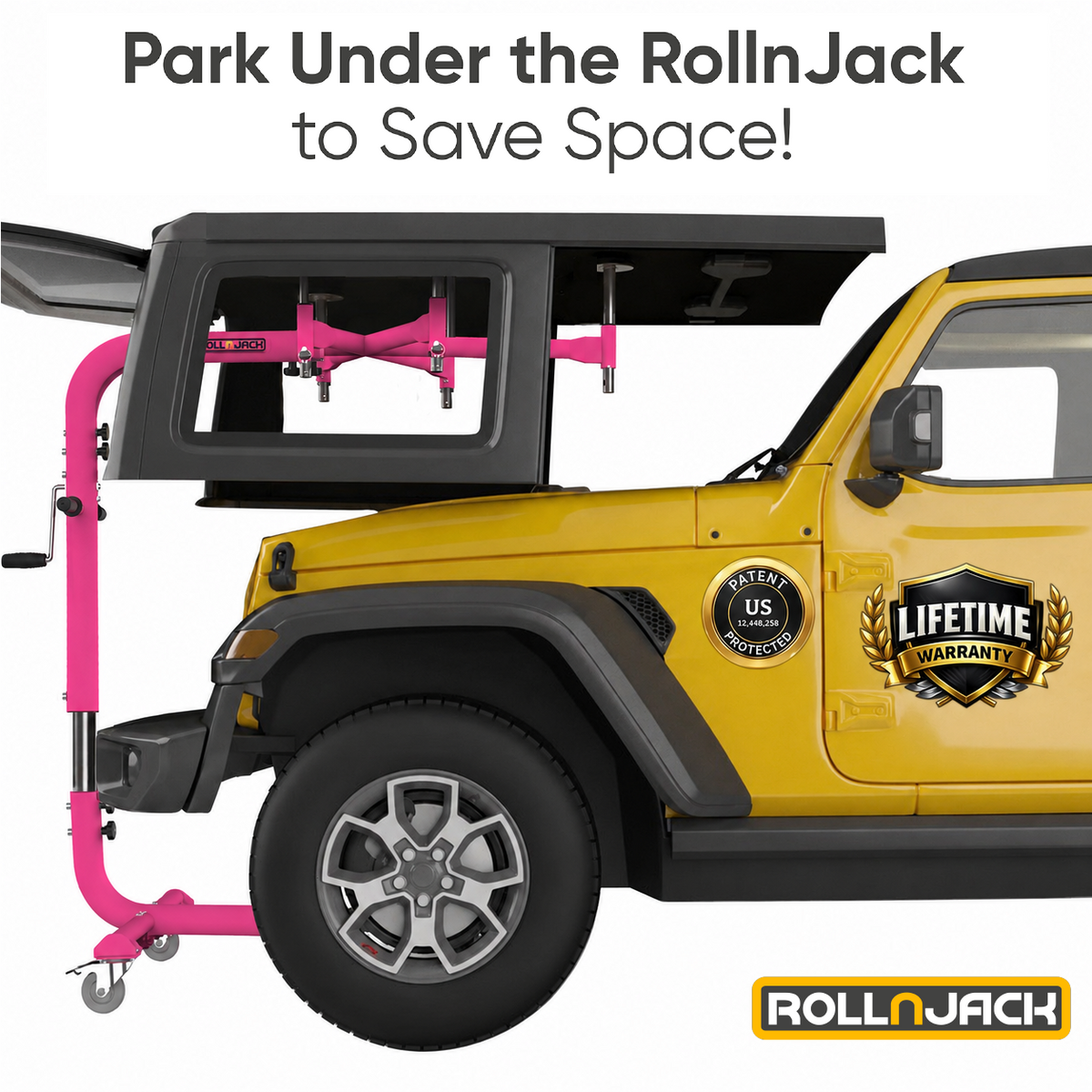Pink RollnJack Jeep Hardtop Removal & Storage Device